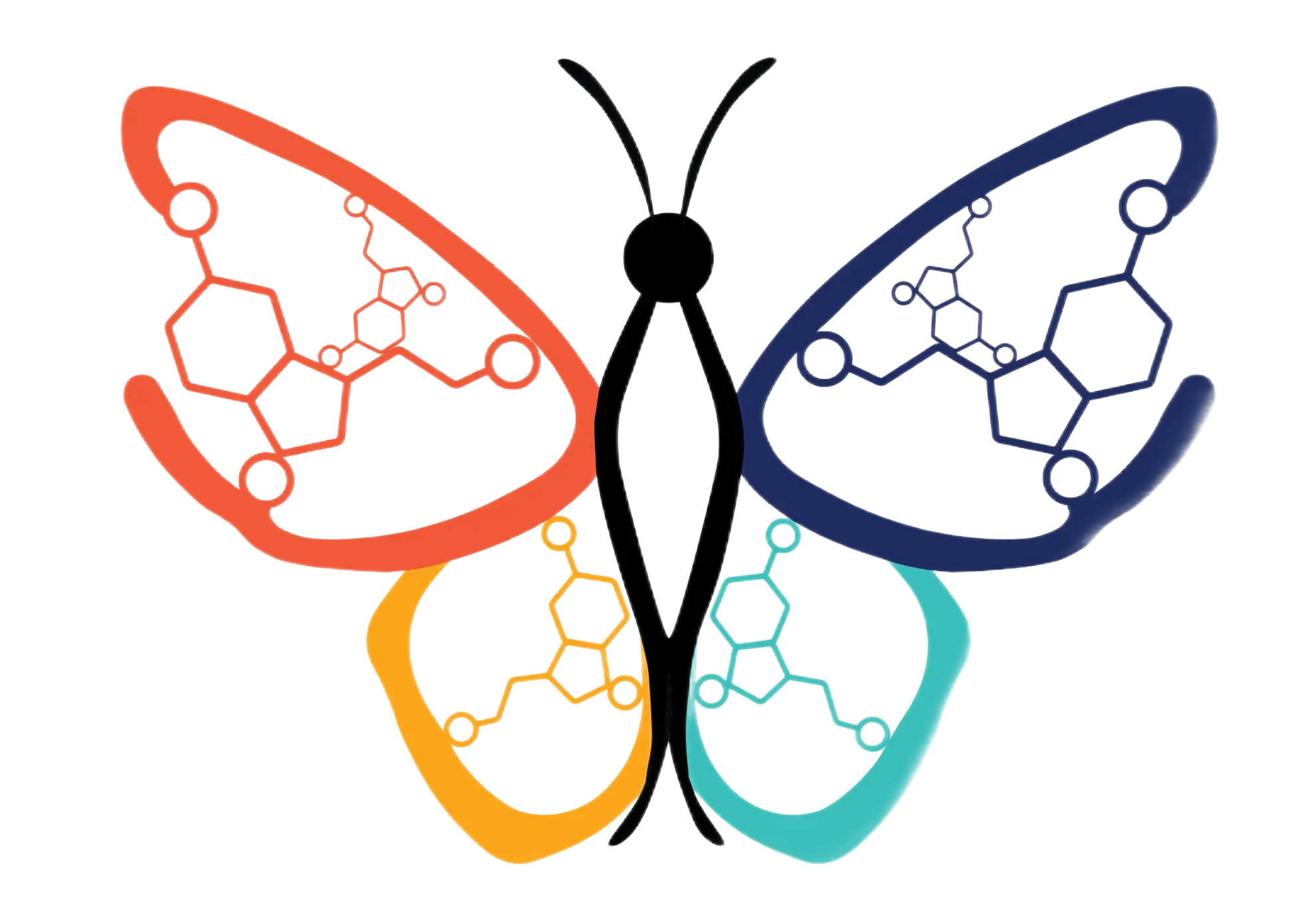 Almadelic Multicolored (red, orange, blue, and turquoise) Butterfly Logo