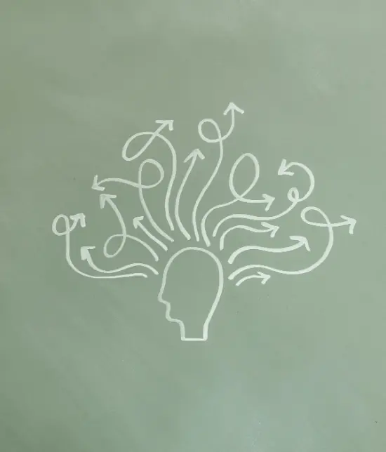 Minimalist line drawing of a human head in profile with arrows radiating outward from the brain area, representing scattered attention and ADHD thought patterns
