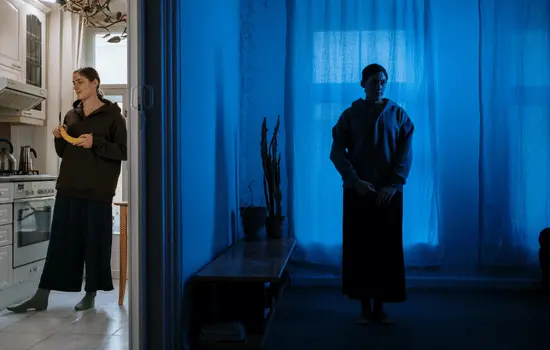 Split image showing contrast between daily life and mood - person in bright kitchen on left, silhouette against blue curtains on right, illustrating bipolar disorder's contrasting episodes