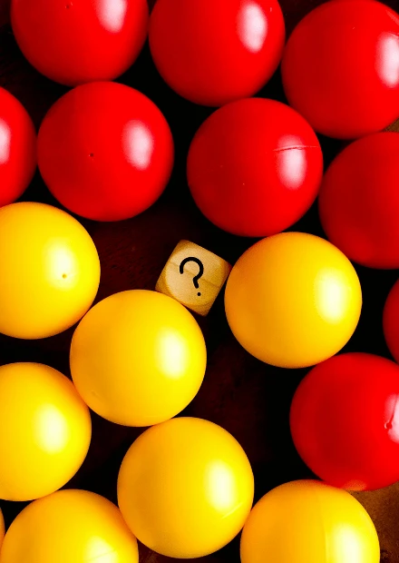 Collection of red and yellow round objects or balls with one featuring a question mark, representing the repetitive patterns and questions about OCD therapy
